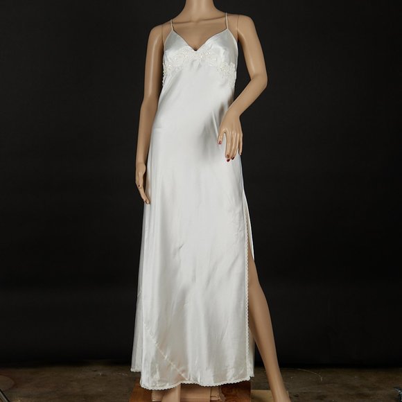 Vintage Dresses & Skirts - VINTAGE Y2K PEARLY WHITE SATIN AND LACE SLIP DRESS Medium